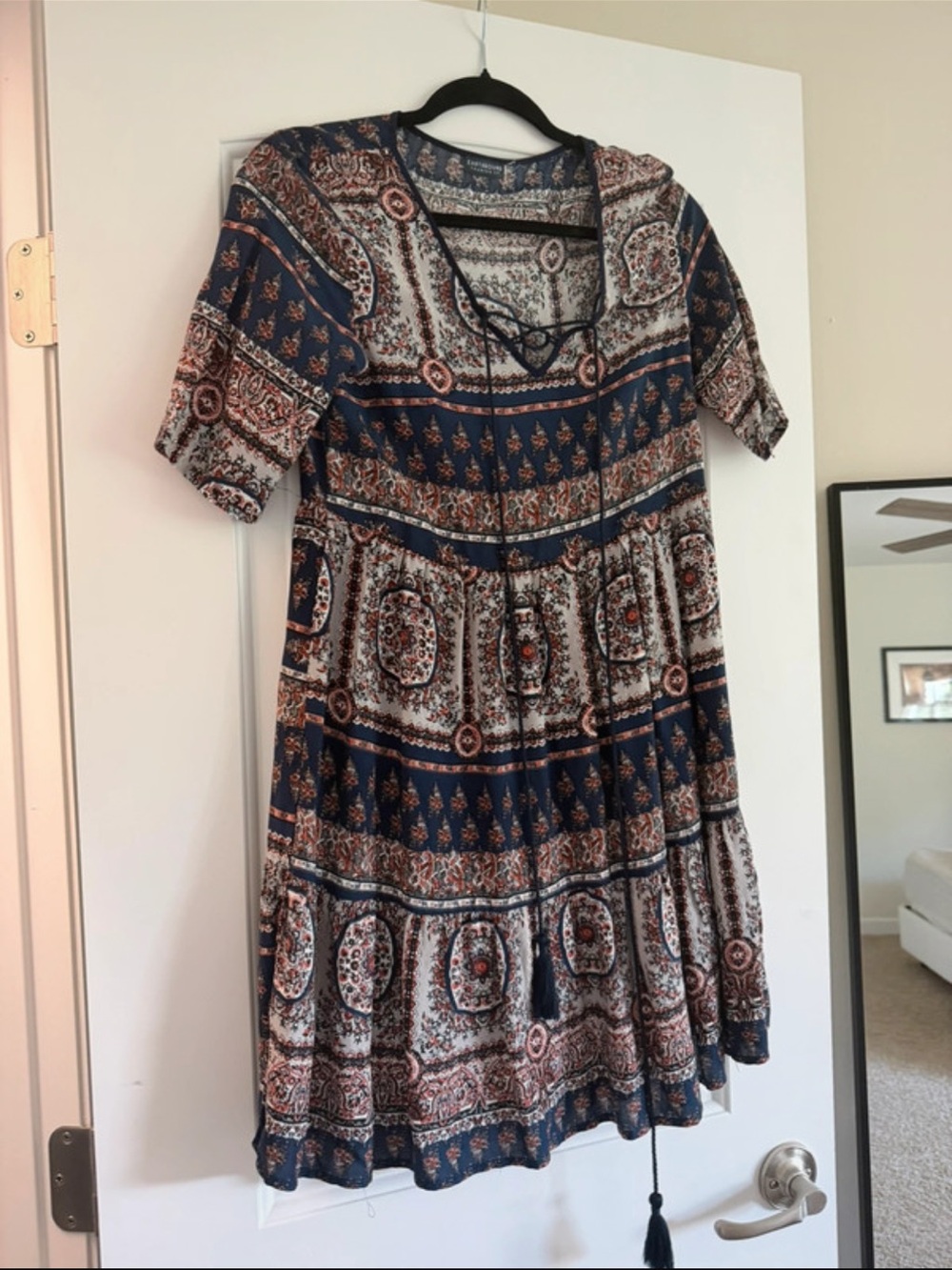 EARTHBOUND Navy and Cream Paisley-Print Tiered Midi Dress